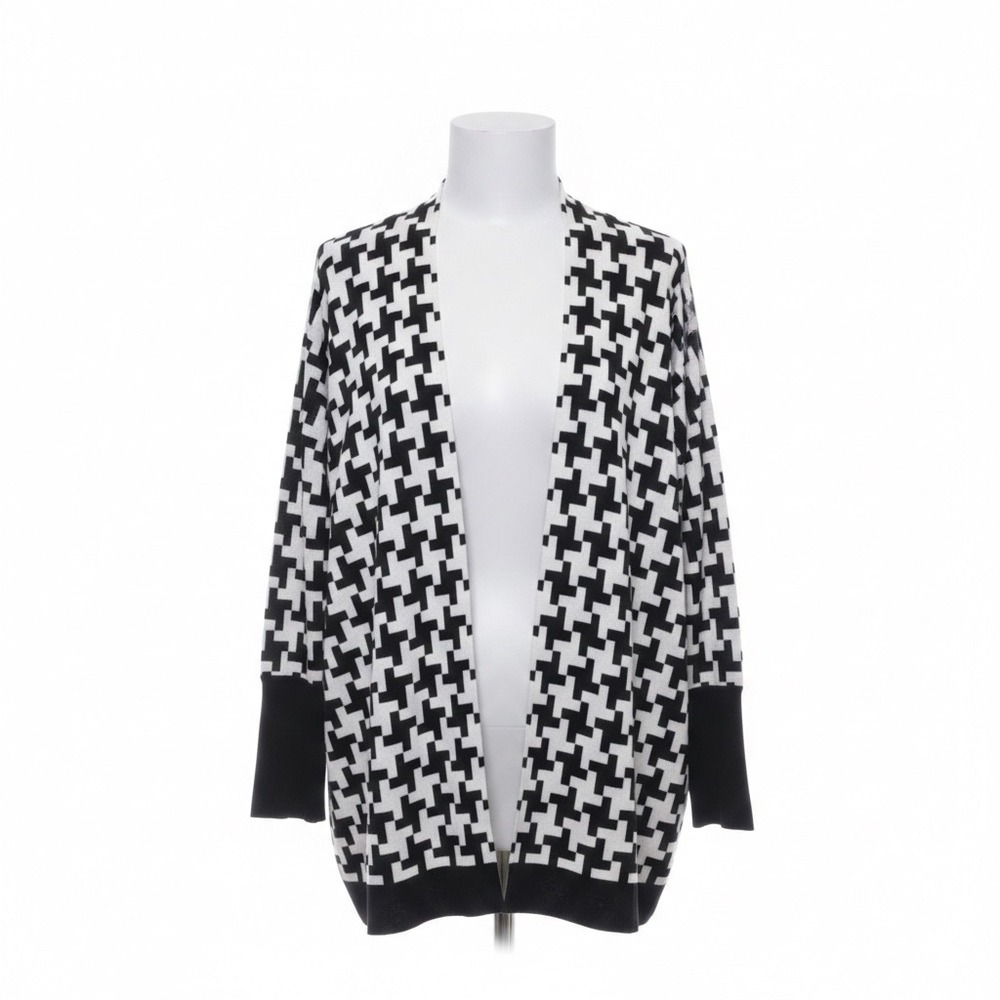 Chicos‎ Sweater Women L/XL Black White Houndstooth Open Front Knit Cardigan